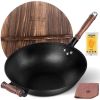 WANGYUANJI 13.4" Cast Iron Wok, Craft Wok Chinese Wok, Flat Bottom Iron Woks with Wooden Lid, Fry Pan Suitable for Induction, Electric, Gas