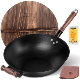 WANGYUANJI 13.4" Cast Iron Wok, Craft Wok Chinese Wok, Flat Bottom Iron Woks with Wooden Lid, Fry Pan Suitable for Induction, Electric, Gas