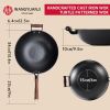 WANGYUANJI 13.4" Cast Iron Wok, Craft Wok Chinese Wok, Flat Bottom Iron Woks with Wooden Lid, Fry Pan Suitable for Induction, Electric, Gas