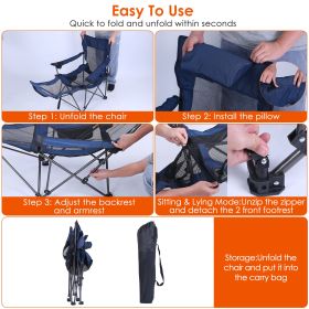 1Pc Foldable Camping Chair 330LBS Load Heavy Duty Steel Lawn Chair Collapsible Chair With Reclining Backrest Angle Cup Holder Pillow Side Pocket Carry (Color: Blue)