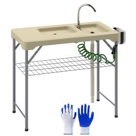 Folding Fish Cleaning Table With Sinks, Portable Camping Sink Table With Faucet, Drainage Hose, Sprayer, Shelf, Drawer And Storage Basket, Outdoor Fil (Color: Beige)