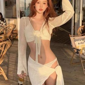 Long-sleeved Knitted Swimsuit Sexy Pure Desire Style Small Chest Push Up Holiday (Option: Beige-S)