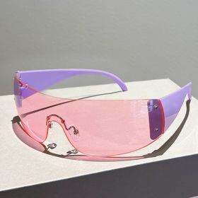 Y2K Rimless Brand Designer Sunglasses Women For Men 2023 One Piece Trending Luxury Sun Glasses Rivet Steampunk Pink Shades UV400 (Lenses Color: Purple Pink)
