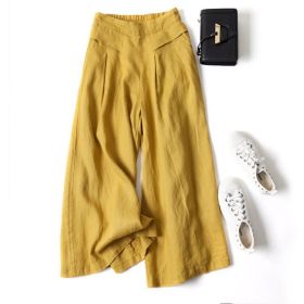 Cotton Linen Wide Leg Women's Cropped Pants Diagonal Pockets Trousers For Female 2021 Spring Summer Thin Casual Homewear Pant (Color: HFE6193 yellow, size: XXL)