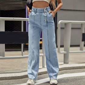 Blue Jeans Women Pants Vintage Wide Leg Straight High Waist Pants For Women Pockets 2021 Autumn Denim Thin Slim Female Trousers (Color: Blue, size: S)