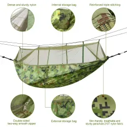 1Pc 600lbs Load 2 Persons Hammock With Mosquito Net Outdoor Hiking Camping Hommock Portable Nylon Swing Hanging Bed With Strap Hook Carry Bag (Color: Green)