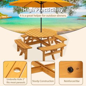 Wooden Picnic Table, Outdoor Camping Table With Seats, With 4 Built-in Benches, - Natural Color (Option: Natural color)
