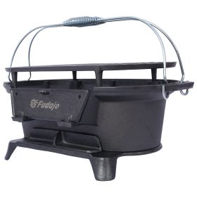 Outdoor Oval Cast Iron Grill, Portable Charcoal Grill, And Desktop Cast Iron Frying Pan (Color: Black)