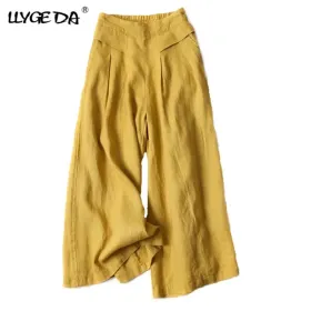Cotton Linen Wide Leg Women's Cropped Pants Diagonal Pockets Trousers For Female 2021 Spring Summer Thin Casual Homewear Pant (Color: HFE6193 yellow, size: XXL)